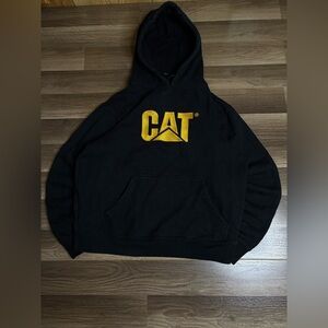 CAT Black Fleece Pullover Hoodie Men’s L Logo Hooded Cotton Polyester Pockets